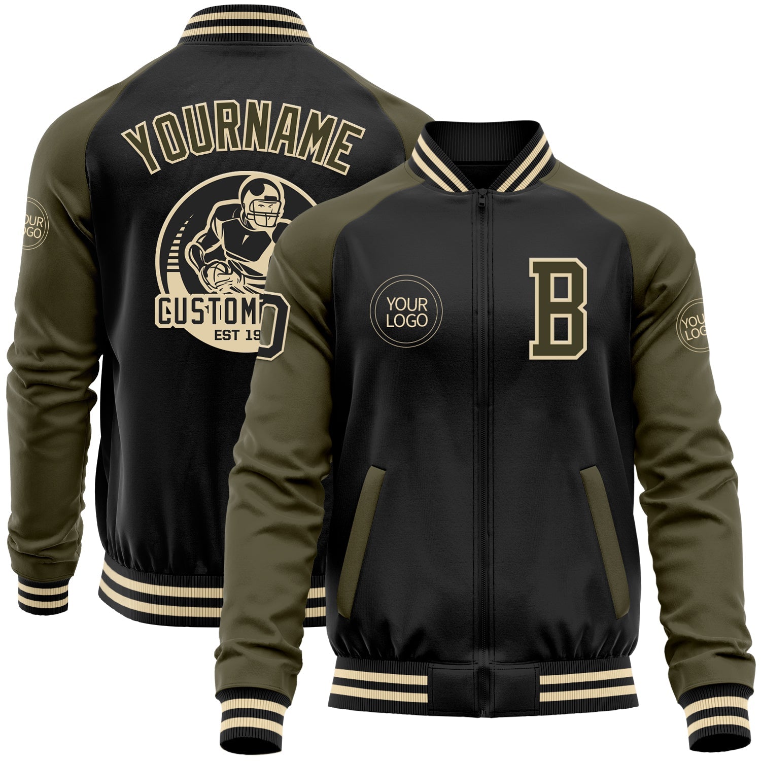 Custom Black Olive-Cream Bomber Varsity Letterman Two Tone Zipper Jacket - Main View