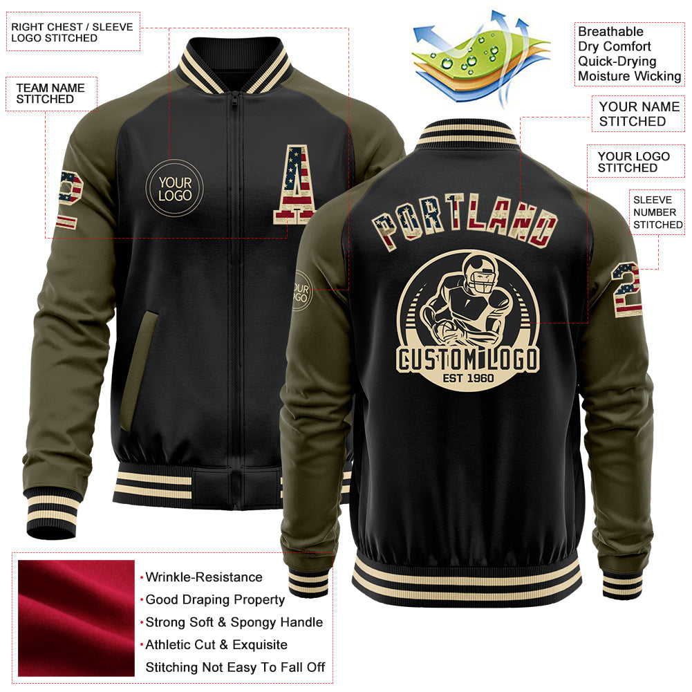 Custom Black Vintage USA Flag Olive-Cream Bomber Varsity Letterman Two Tone Zipper Jacket view 4