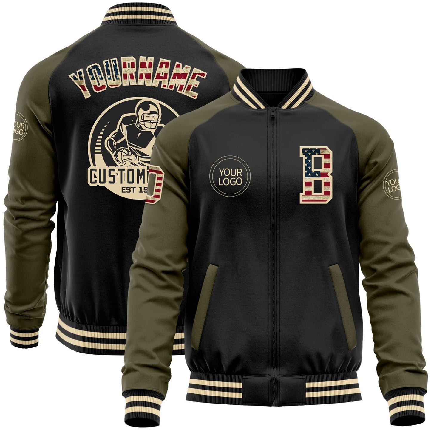Custom Black Vintage USA Flag Olive-Cream Bomber Varsity Letterman Two Tone Zipper Jacket - Main View
