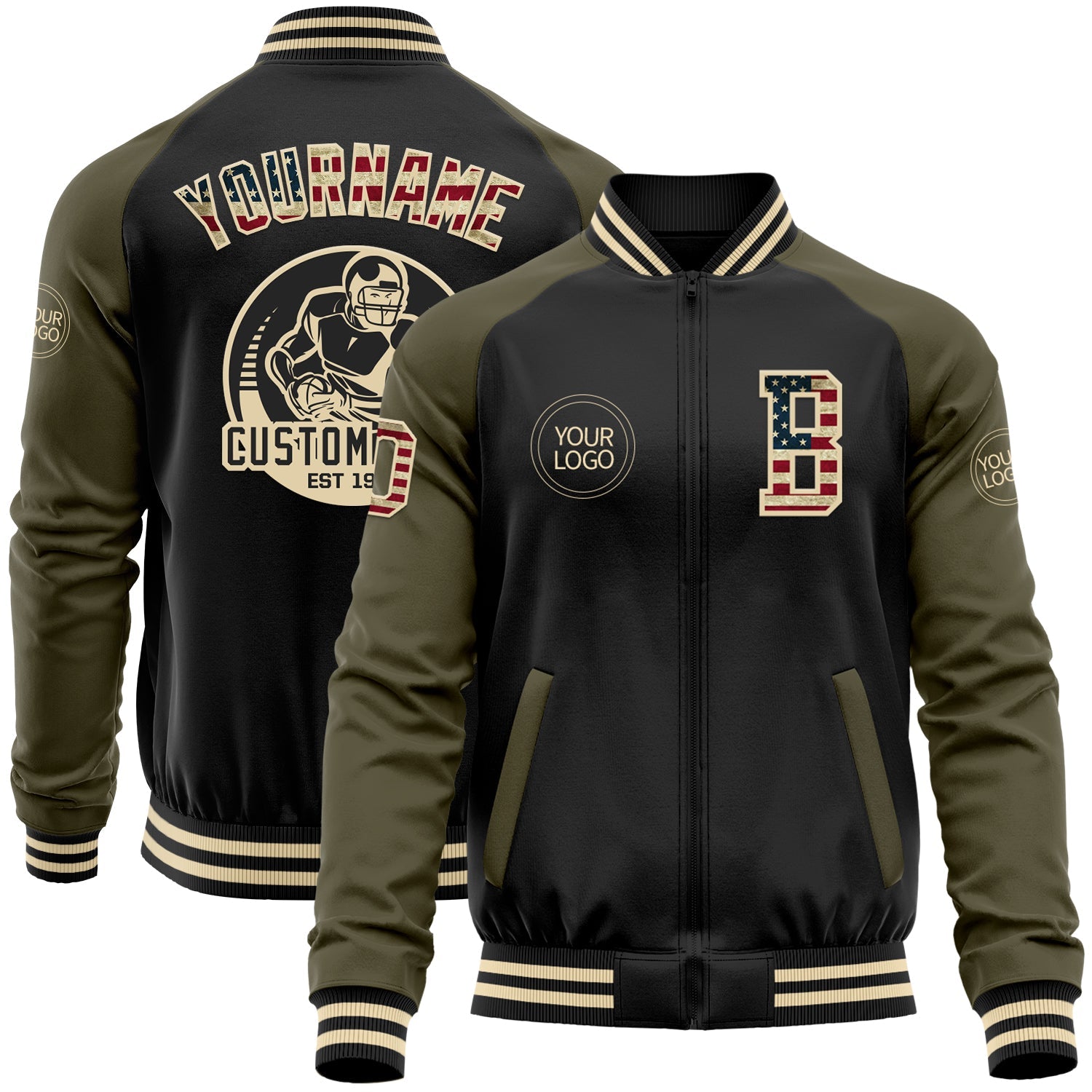 Custom Black Vintage USA Flag Olive-Cream Bomber Varsity Letterman Two Tone Zipper Jacket - Main View