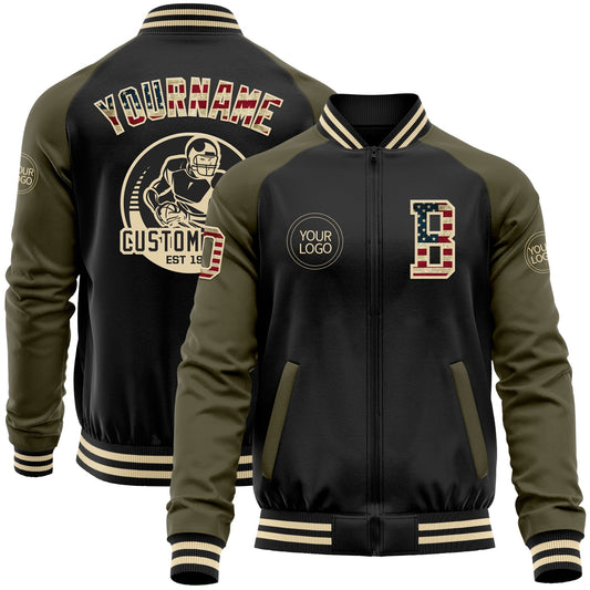 Custom Black Vintage USA Flag Olive-Cream Bomber Varsity Letterman Two Tone Zipper Jacket - Main View