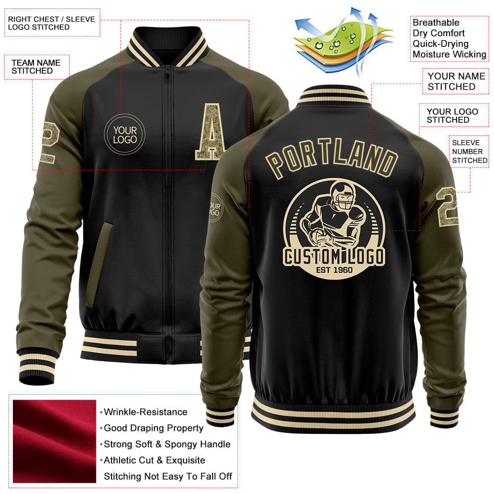 Custom Black Camo Olive-Cream Bomber Varsity Letterman Two Tone Zipper Jacket view 4
