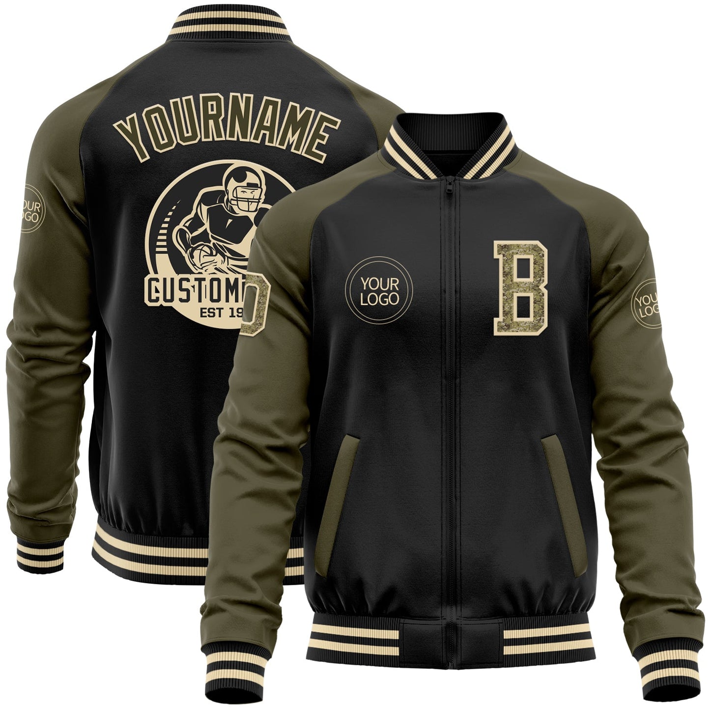 Custom Black Camo Olive-Cream Bomber Varsity Letterman Two Tone Zipper Jacket - Main View