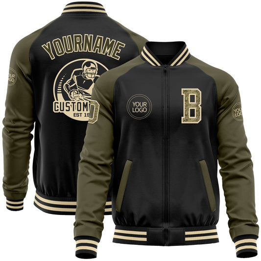 Custom Black Camo Olive-Cream Bomber Varsity Letterman Two Tone Zipper Jacket - Main View