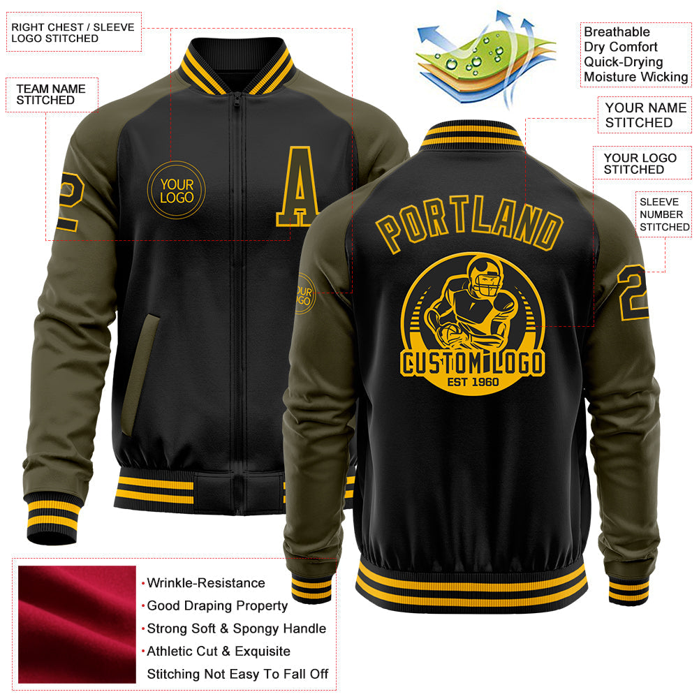 Custom Black Olive-Gold Bomber Varsity Letterman Two Tone Zipper Jacket view 4