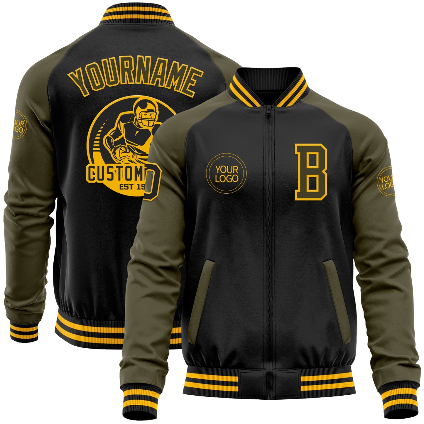 Custom Black Olive-Gold Bomber Varsity Letterman Two Tone Zipper Jacket - Main View