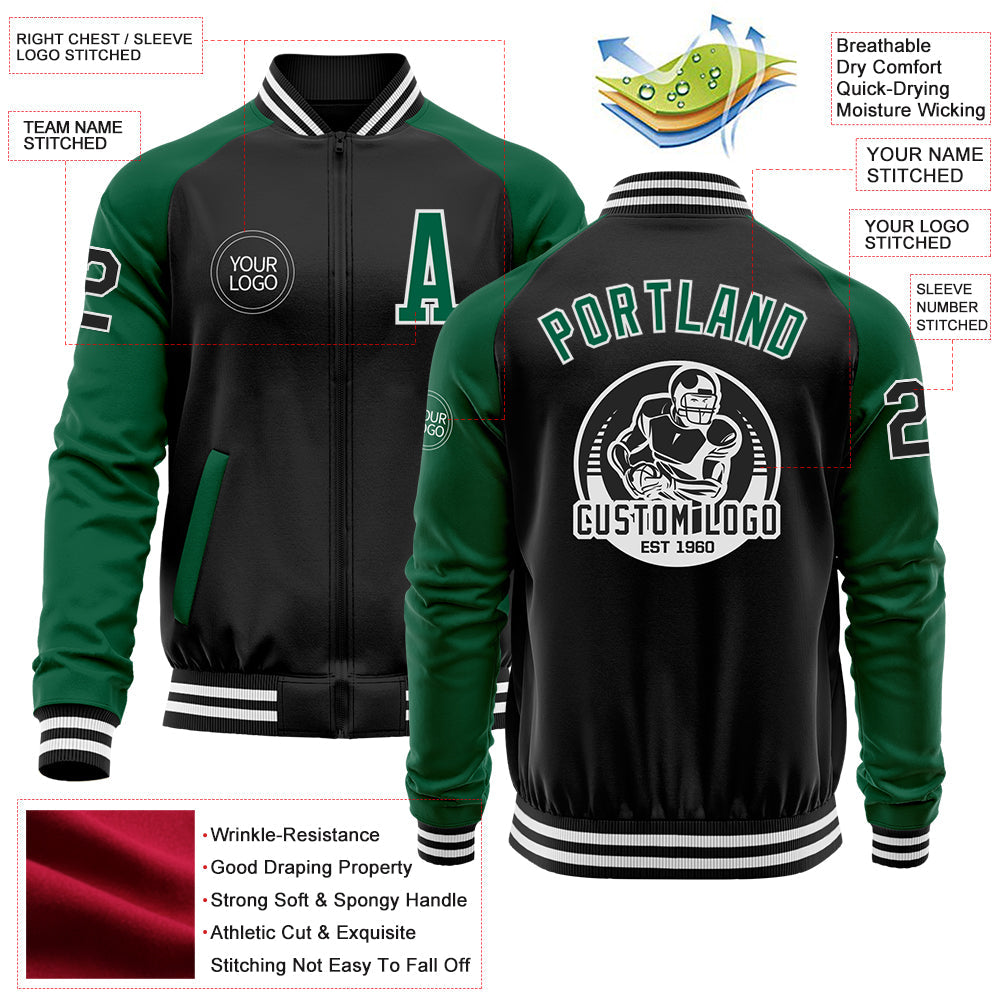 Custom Black Kelly Green-White Bomber Varsity Letterman Two Tone Zipper Jacket view 4