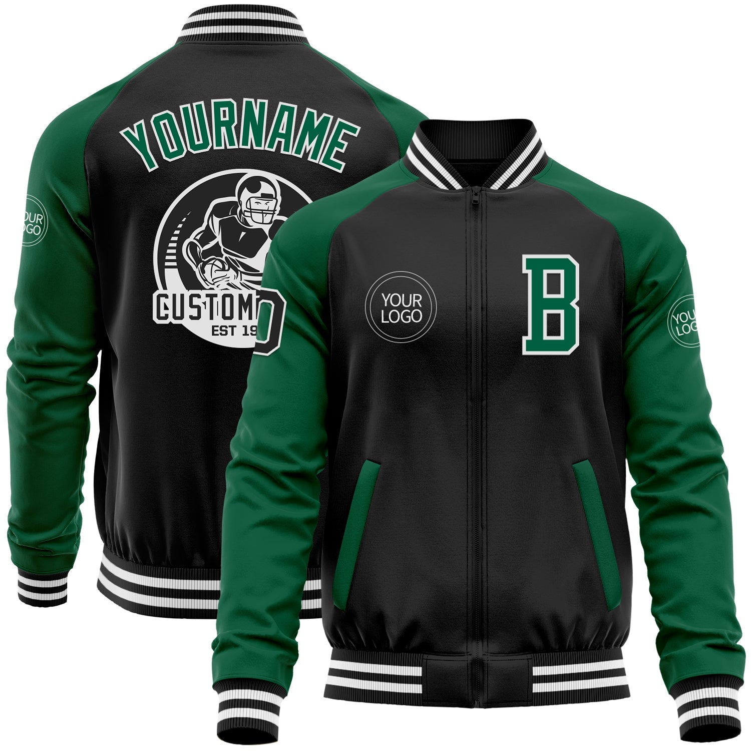 Custom Black Kelly Green-White Bomber Varsity Letterman Two Tone Zipper Jacket - Main View