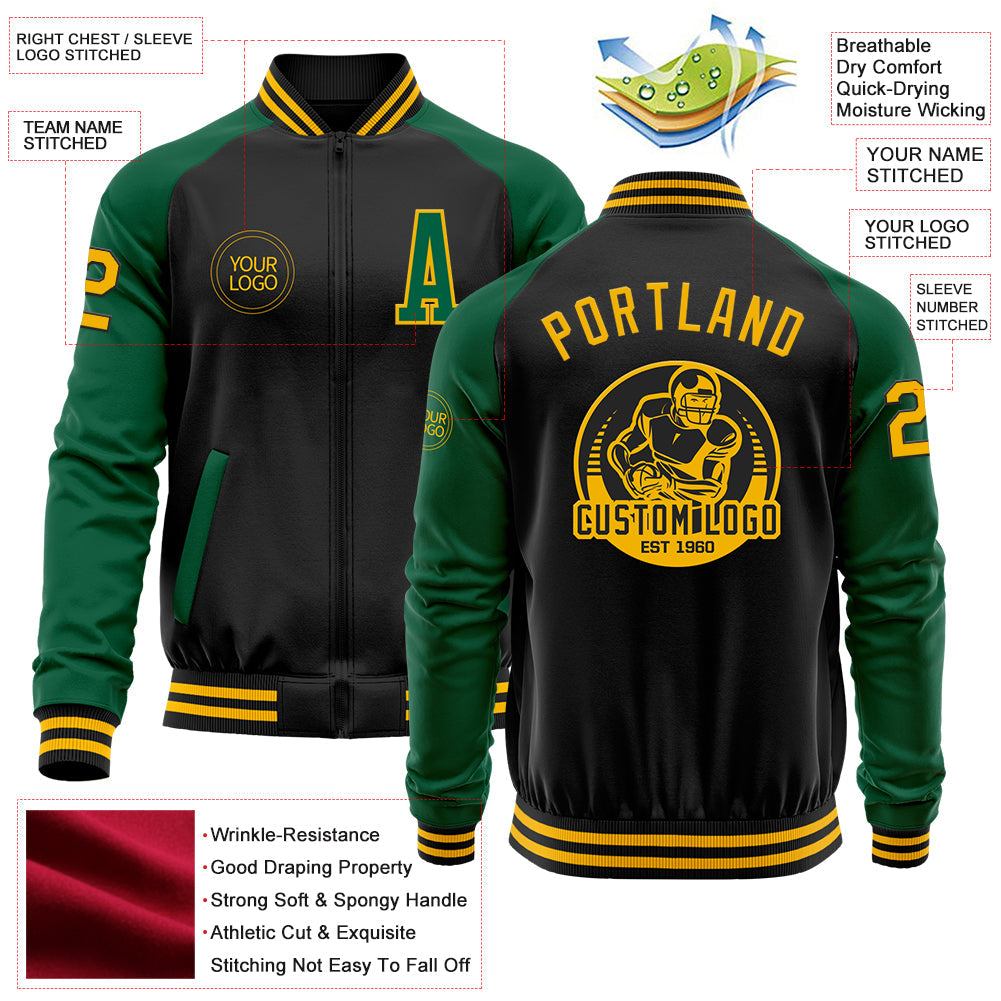 Custom Black Gold-Kelly Green Bomber Varsity Letterman Two Tone Zipper Jacket view 4
