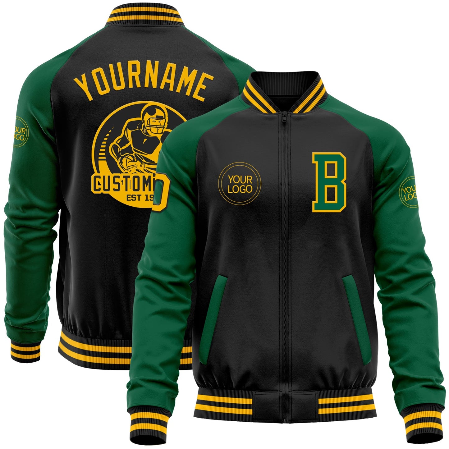 Custom Black Gold-Kelly Green Bomber Varsity Letterman Two Tone Zipper Jacket - Main View