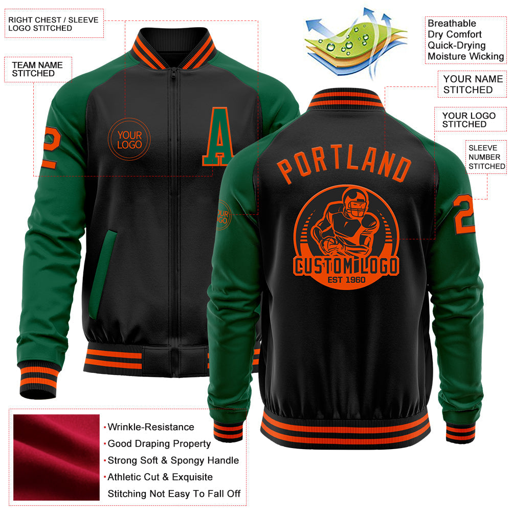 Custom Black Orange-Kelly Green Bomber Varsity Letterman Two Tone Zipper Jacket view 4
