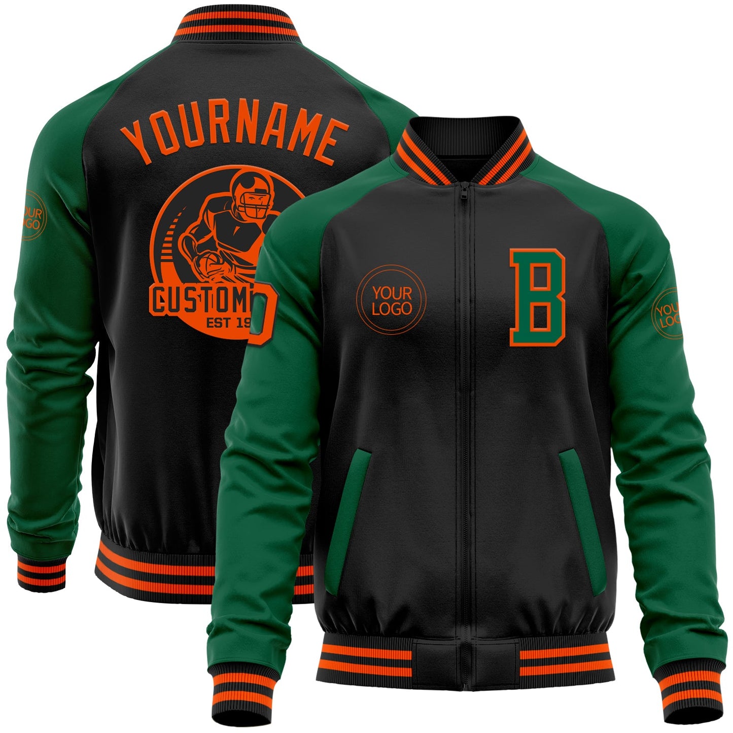 Custom Black Orange-Kelly Green Bomber Varsity Letterman Two Tone Zipper Jacket - Main View