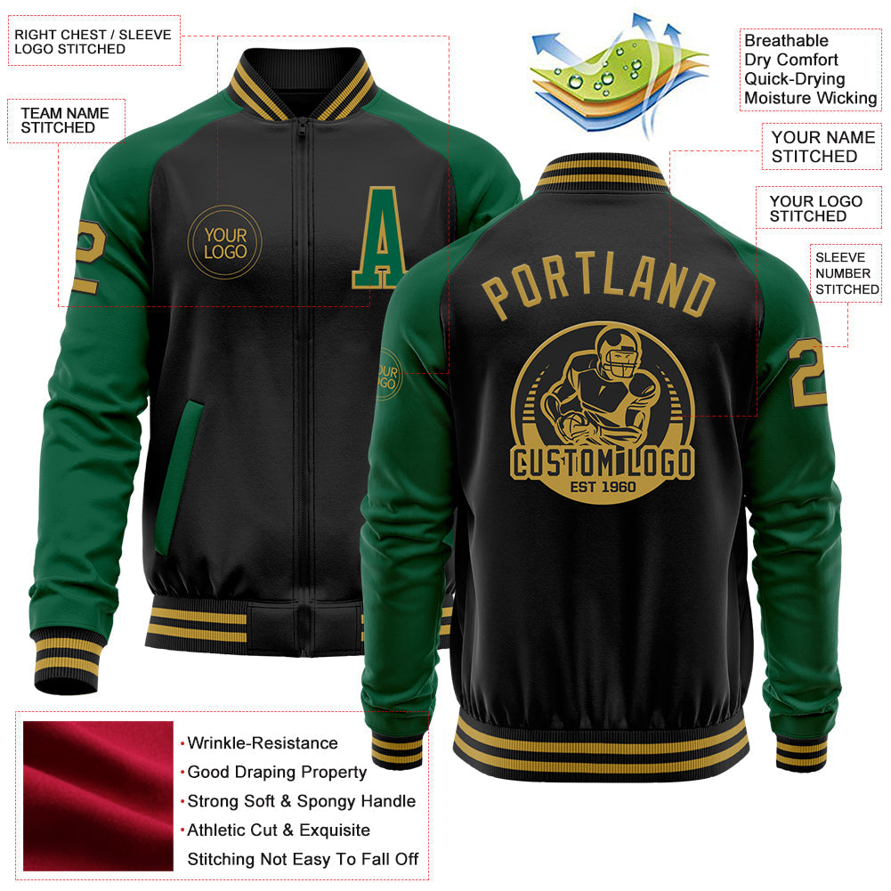 Custom Black Old Gold-Kelly Green Bomber Varsity Letterman Two Tone Zipper Jacket view 4