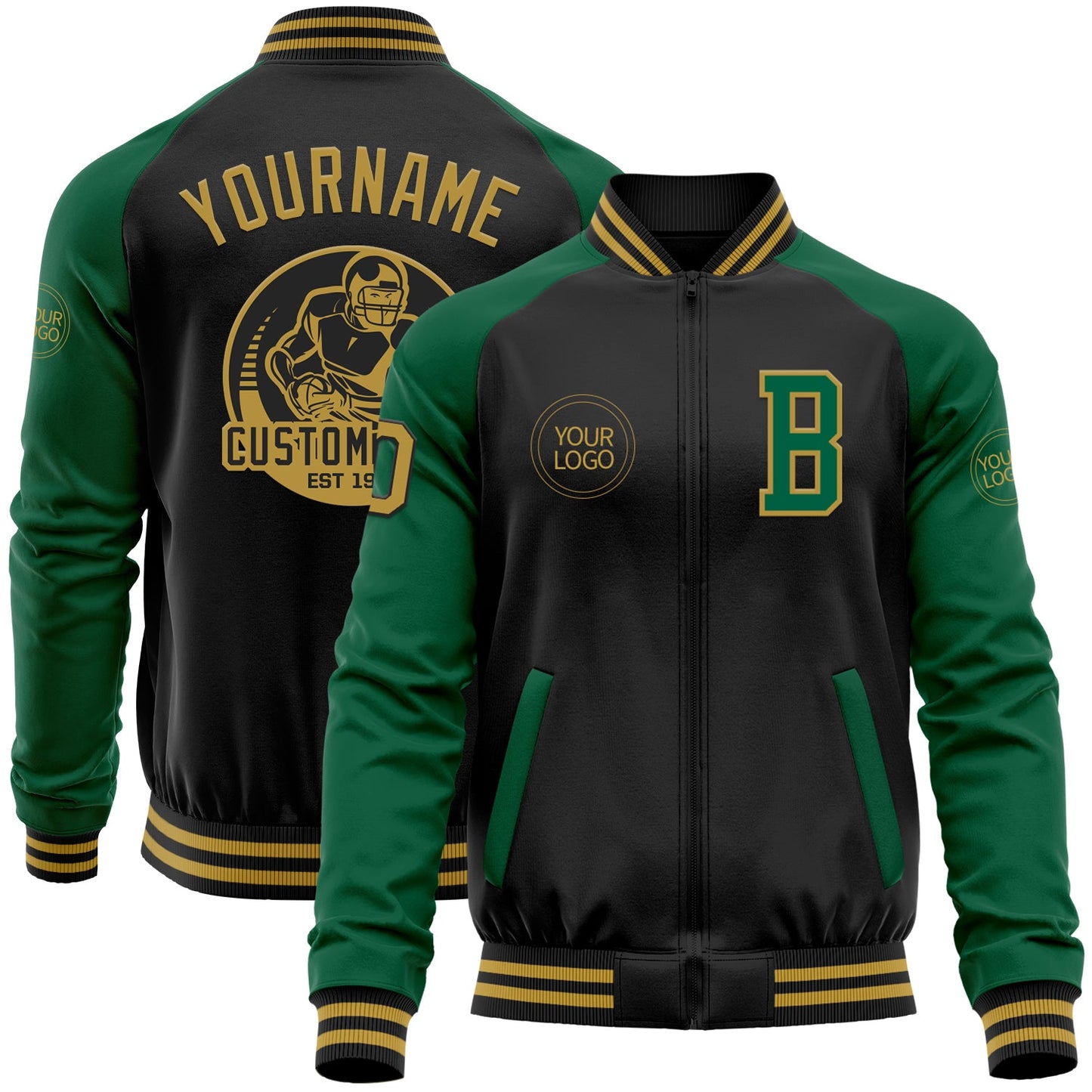 Custom Black Old Gold-Kelly Green Bomber Varsity Letterman Two Tone Zipper Jacket - Main View