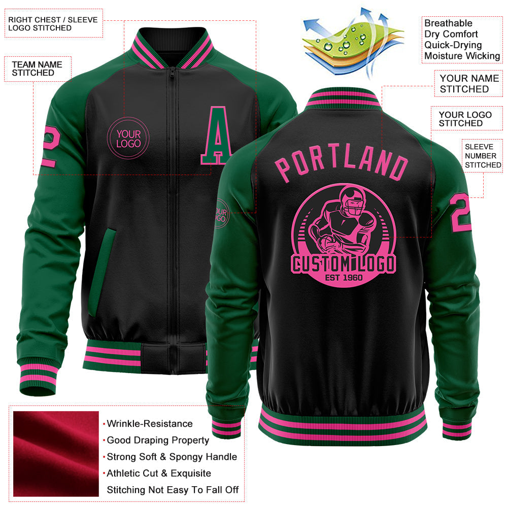 Custom Black Pink-Kelly Green Bomber Varsity Letterman Two Tone Zipper Jacket view 4