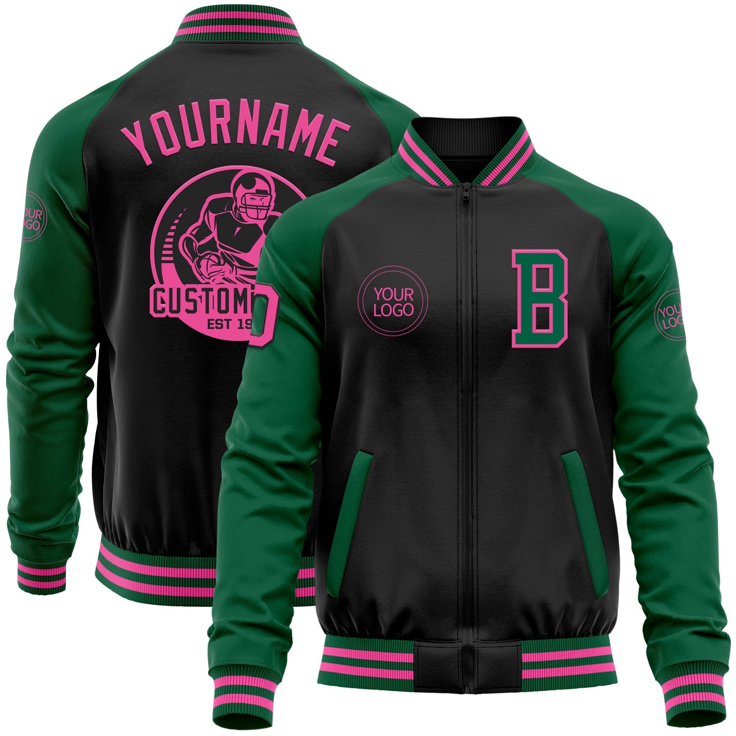 Custom Black Pink-Kelly Green Bomber Varsity Letterman Two Tone Zipper Jacket - Main View