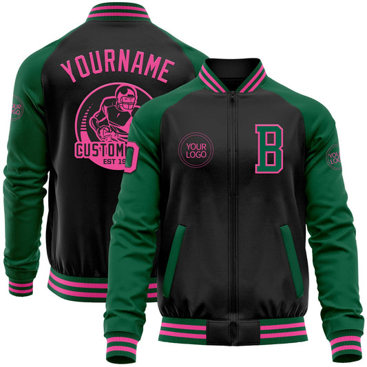 Custom Black Pink-Kelly Green Bomber Varsity Letterman Two Tone Zipper Jacket - Main View