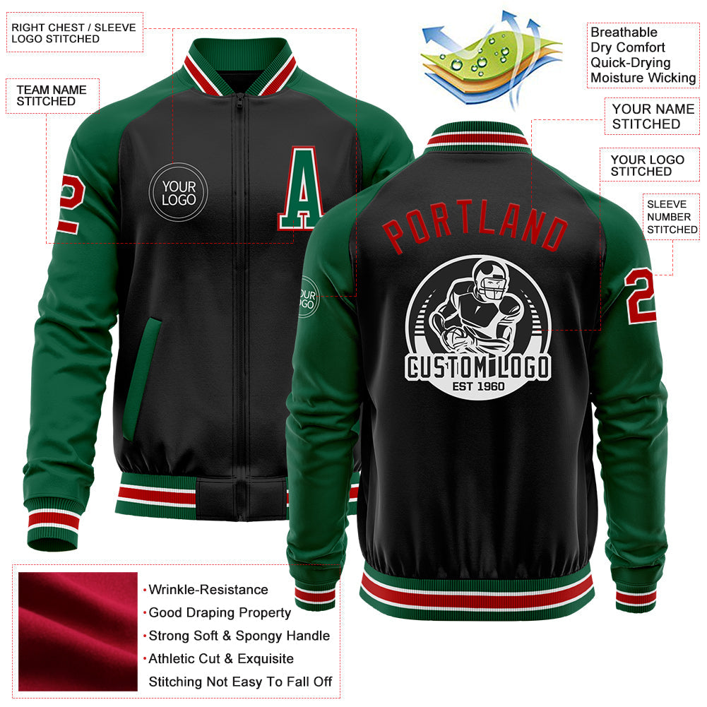 Custom Black Red-Kelly Green Bomber Varsity Letterman Two Tone Zipper Jacket view 4