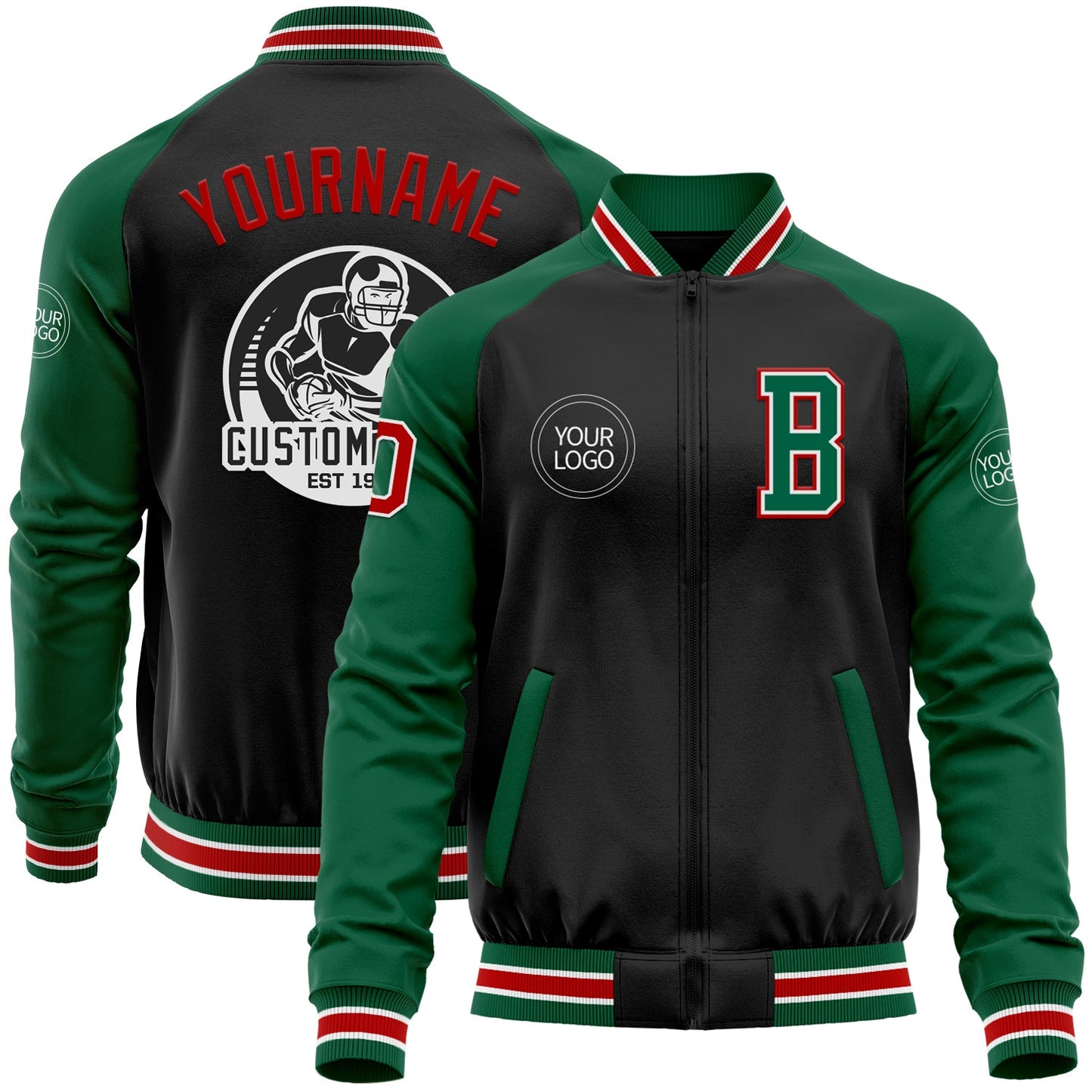 Custom Black Red-Kelly Green Bomber Varsity Letterman Two Tone Zipper Jacket - Main View