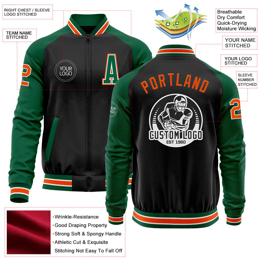 Custom Black Orange-Kelly Green Bomber Varsity Letterman Two Tone Zipper Jacket view 4