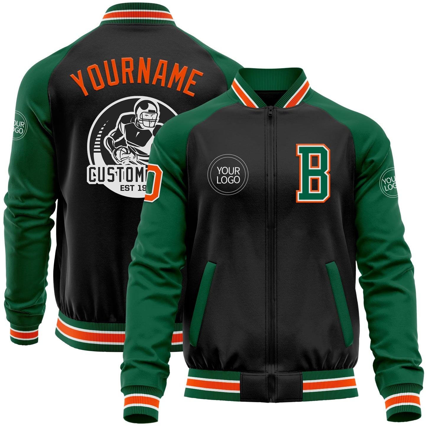 Custom Black Orange-Kelly Green Bomber Varsity Letterman Two Tone Zipper Jacket - Main View