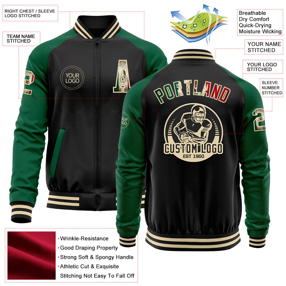 Custom Black Vintage Mexican Flag Kelly Green-Cream Bomber Varsity Letterman Two Tone Zipper Jacket view 4