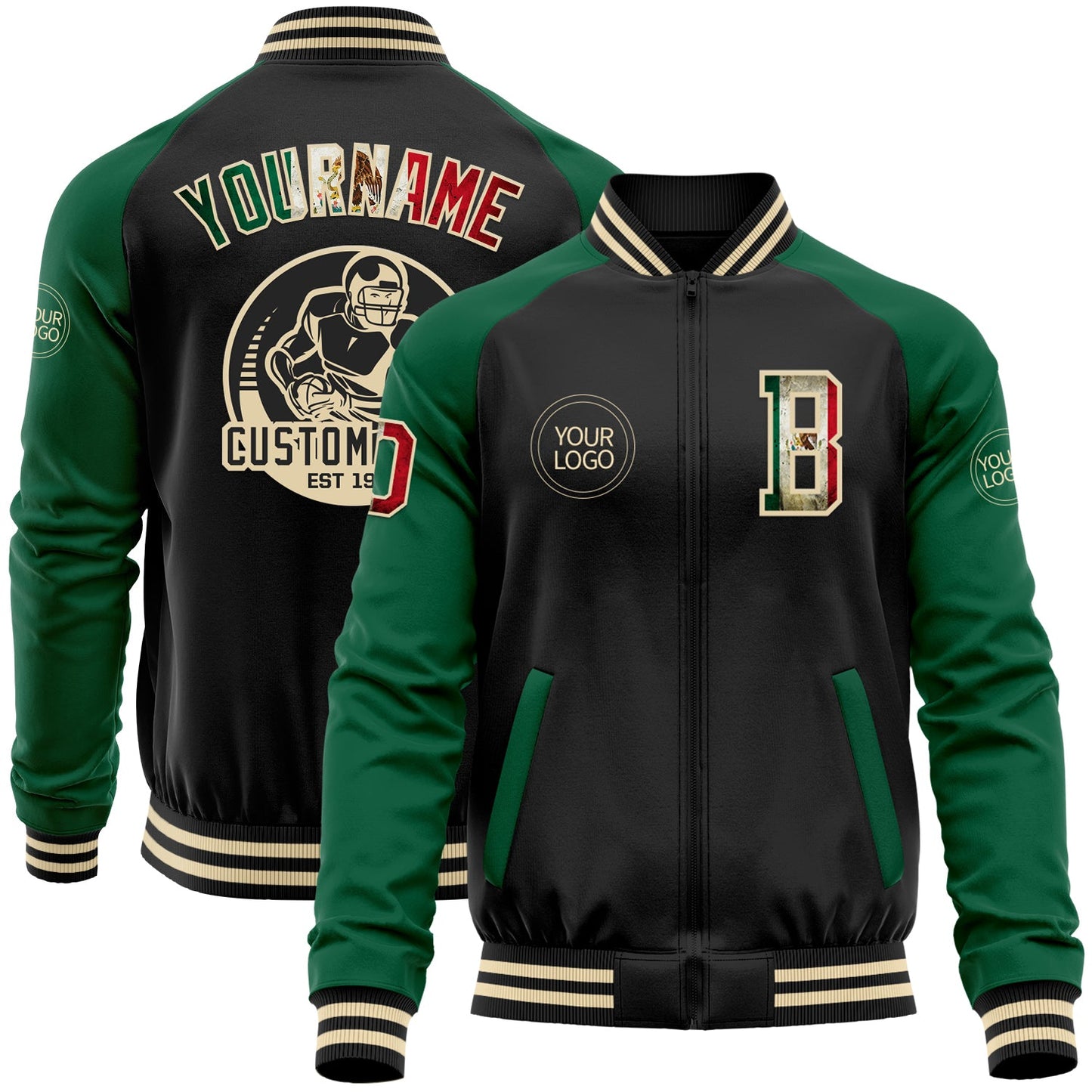 Custom Black Vintage Mexican Flag Kelly Green-Cream Bomber Varsity Letterman Two Tone Zipper Jacket - Main View