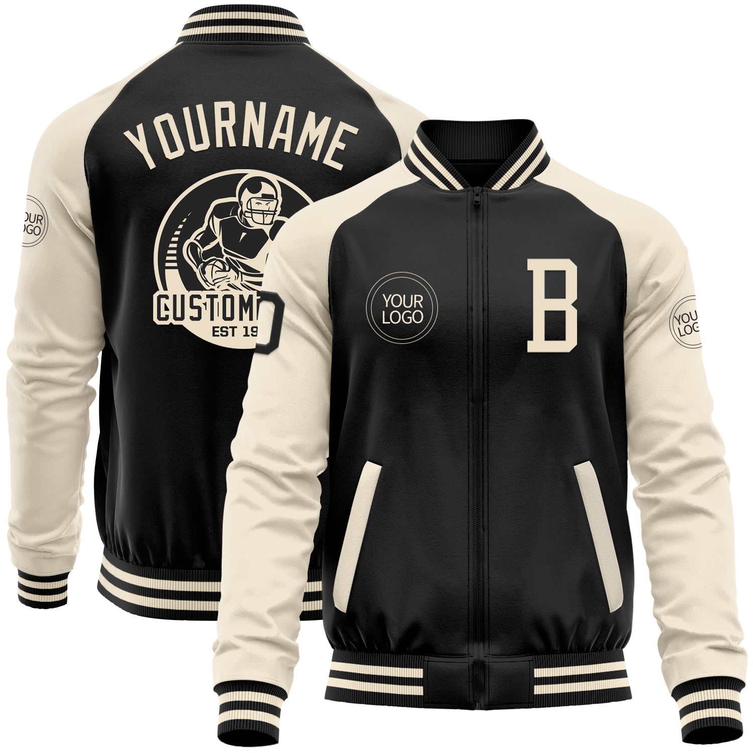 Custom Black Cream Bomber Varsity Letterman Two Tone Zipper Jacket - Main View