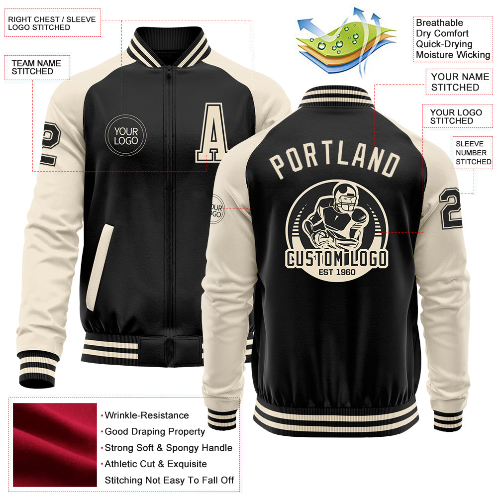 Custom Black Cream Bomber Varsity Letterman Two Tone Zipper Jacket view 4
