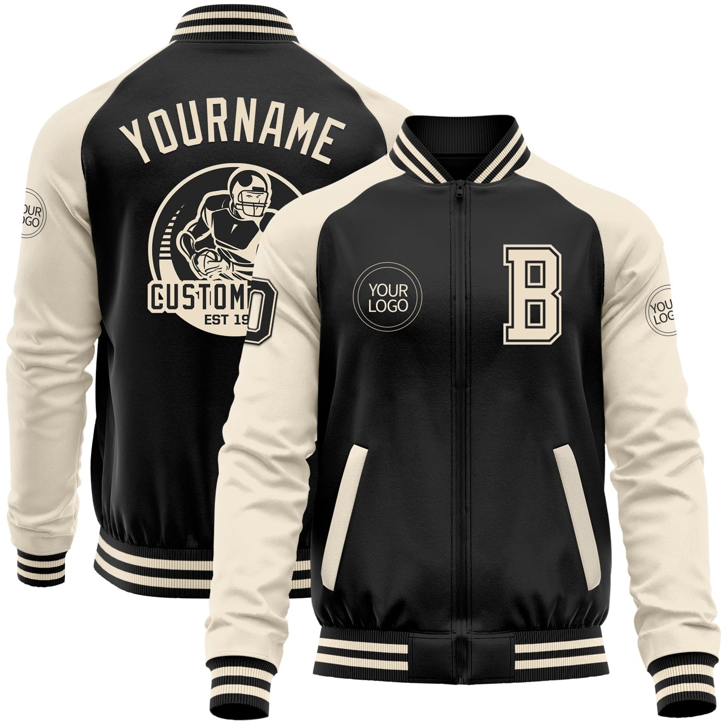 Custom Black Cream Bomber Varsity Letterman Two Tone Zipper Jacket - Main View