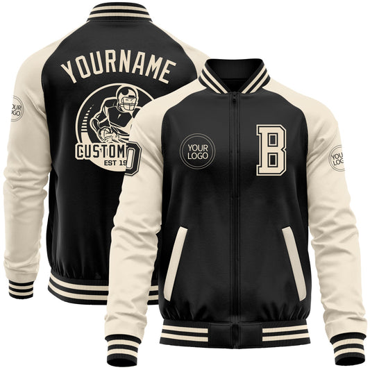 Custom Black Cream Bomber Varsity Letterman Two Tone Zipper Jacket - Main View