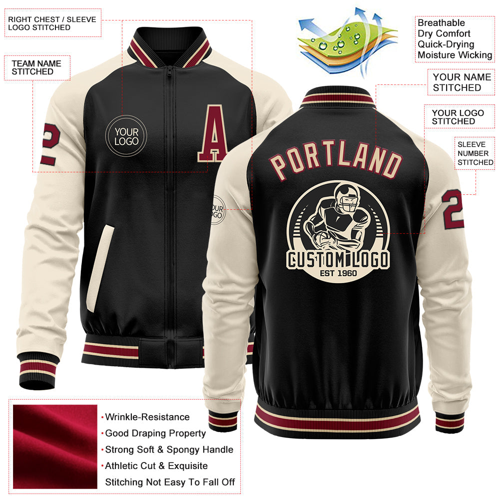 Custom Black Crimson Cream-City Cream Bomber Varsity Letterman Two Tone Zipper Jacket view 4