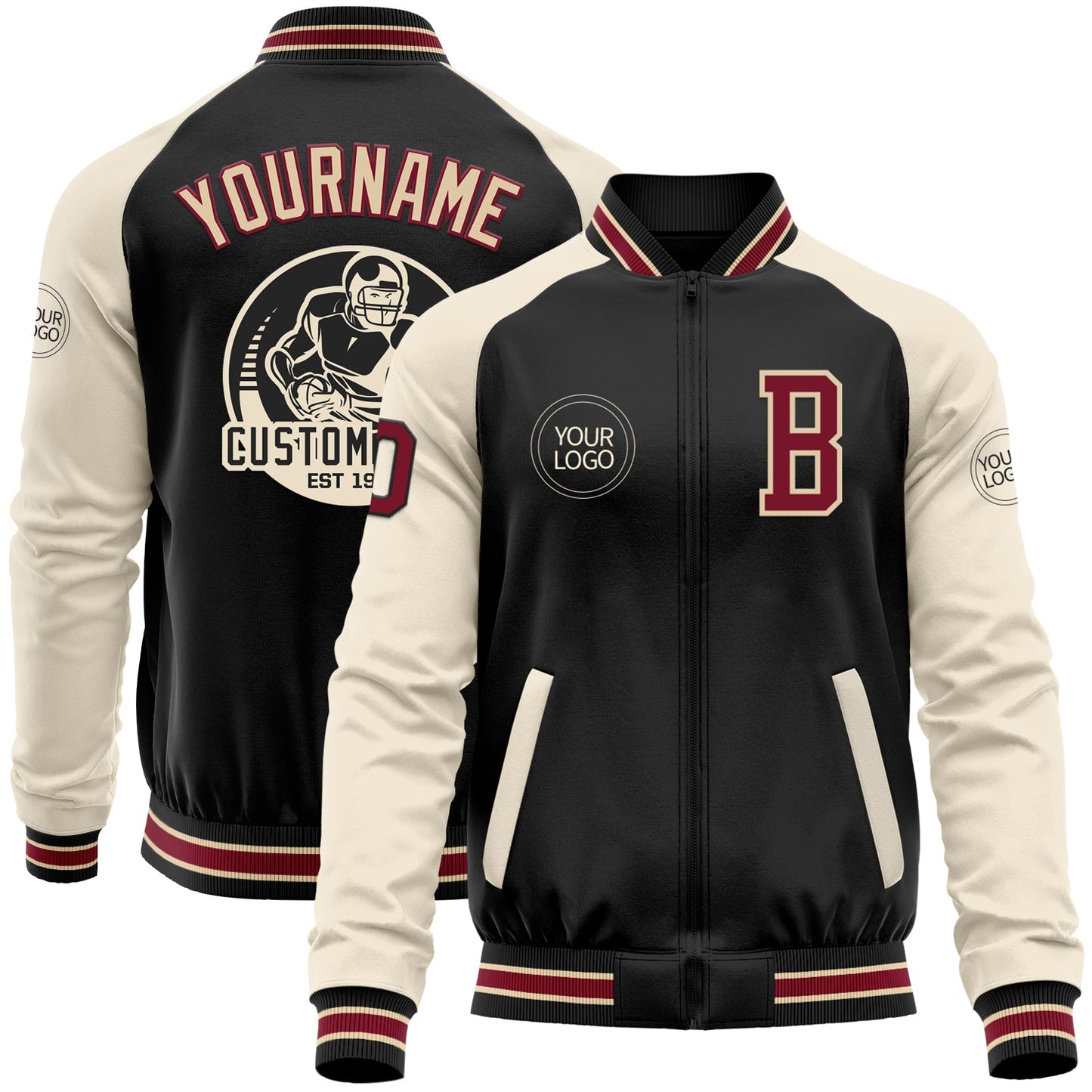 Custom Black Crimson Cream-City Cream Bomber Varsity Letterman Two Tone Zipper Jacket - Main View