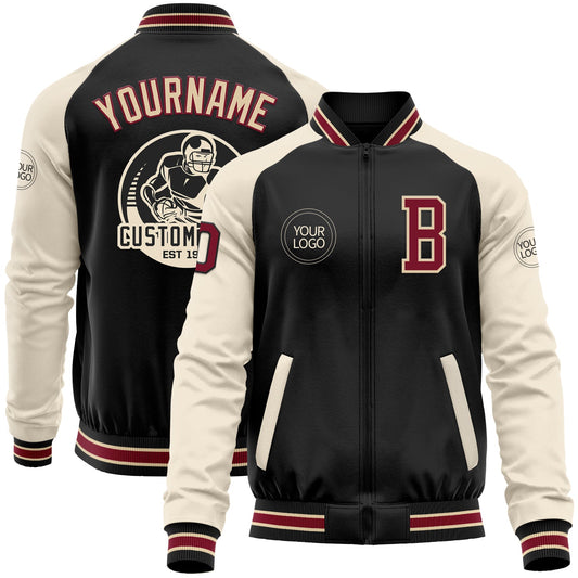 Custom Black Crimson Cream-City Cream Bomber Varsity Letterman Two Tone Zipper Jacket - Main View