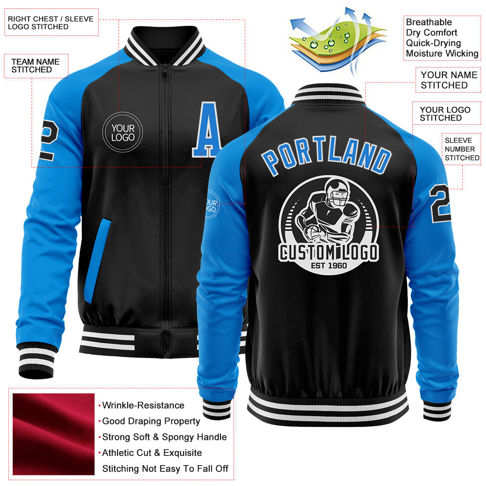Custom Black Powder Blue-White Bomber Varsity Letterman Two Tone Zipper Jacket view 4