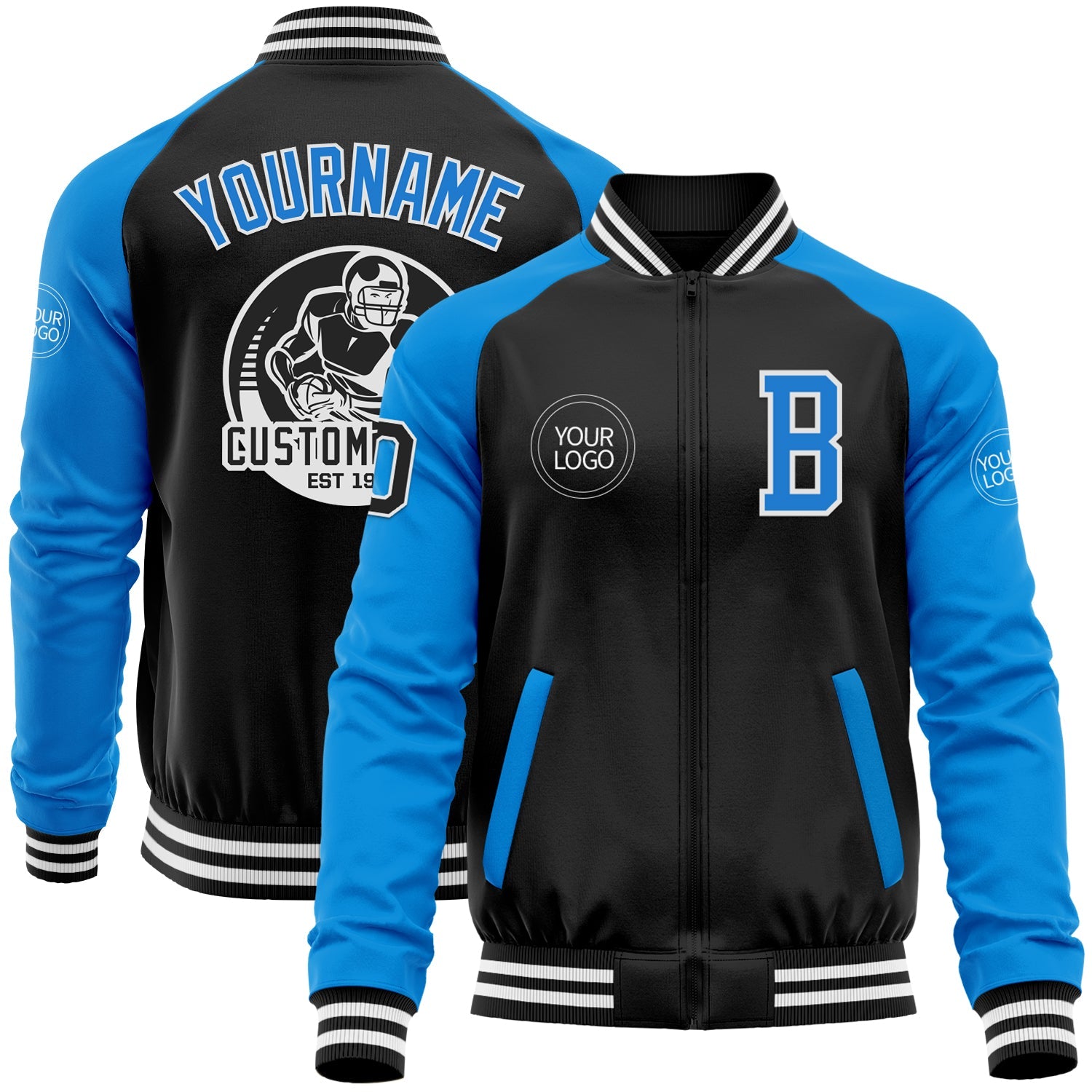 Custom Black Powder Blue-White Bomber Varsity Letterman Two Tone Zipper Jacket - Main View