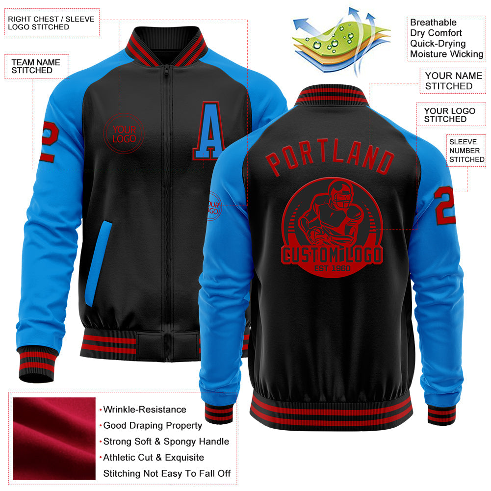Custom Black Red-Powder Blue Bomber Varsity Letterman Two Tone Zipper Jacket view 4
