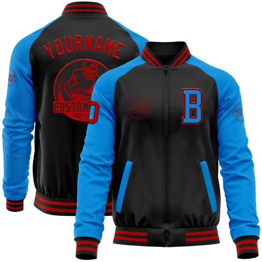 Custom Black Red-Powder Blue Bomber Varsity Letterman Two Tone Zipper Jacket - Main View