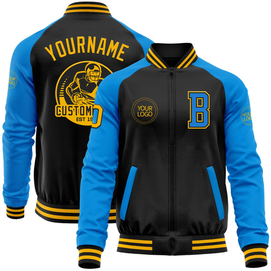 Custom Black Gold-Powder Blue Bomber Varsity Letterman Two Tone Zipper Jacket - Main View