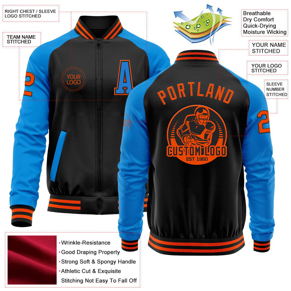 Custom Black Orange-Powder Blue Bomber Varsity Letterman Two Tone Zipper Jacket view 4