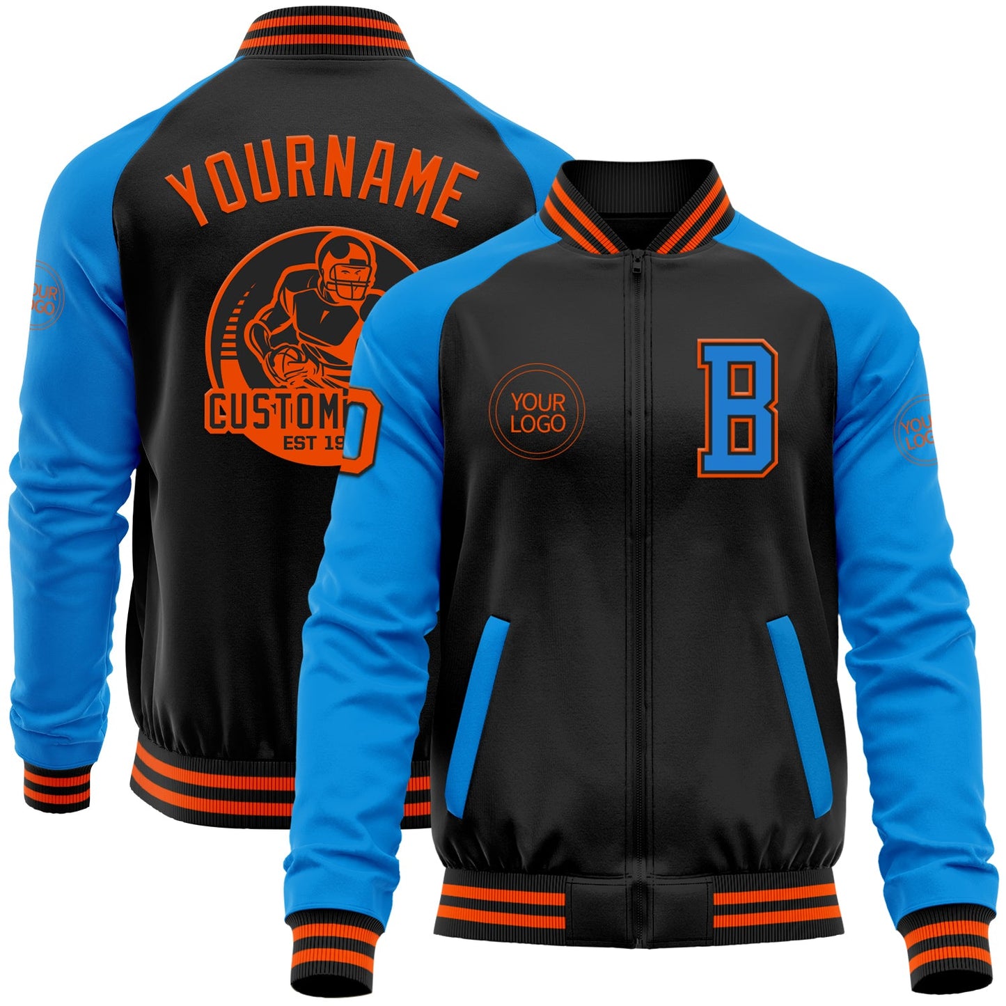 Custom Black Orange-Powder Blue Bomber Varsity Letterman Two Tone Zipper Jacket - Main View
