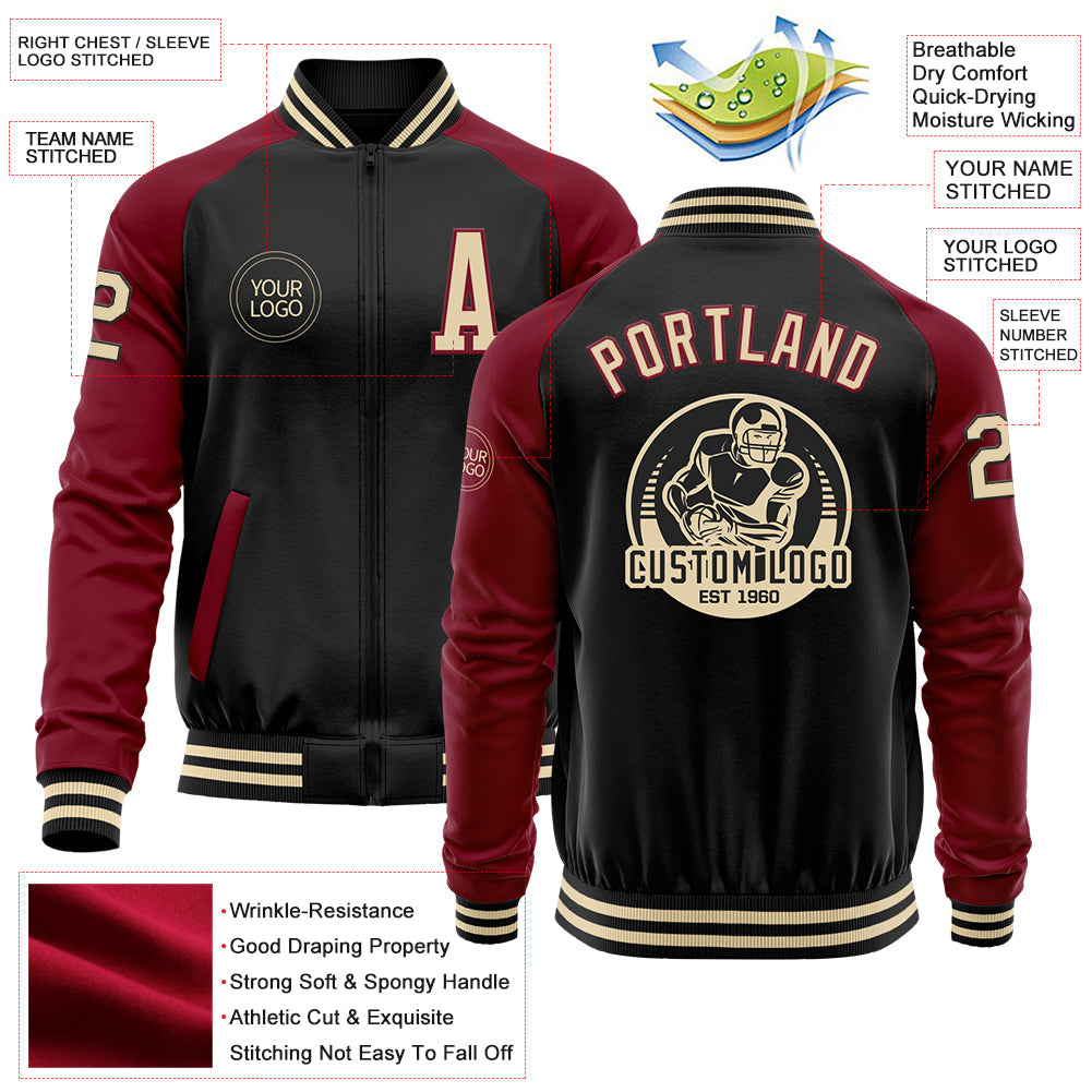 Custom Black Cream-Crimson Bomber Varsity Letterman Two Tone Zipper Jacket view 4