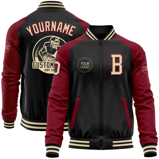 Custom Black Cream-Crimson Bomber Varsity Letterman Two Tone Zipper Jacket - Main View