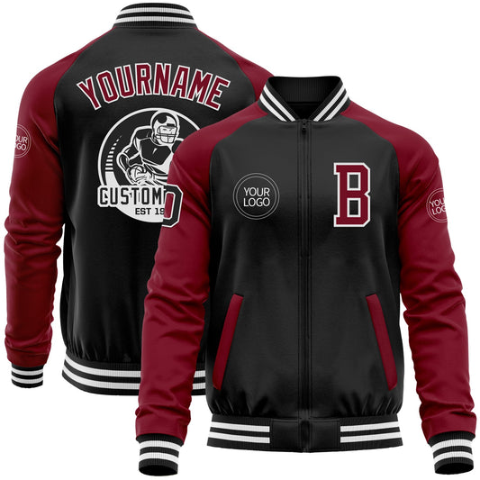 Custom Black Crimson-White Bomber Varsity Letterman Two Tone Zipper Jacket - Main View