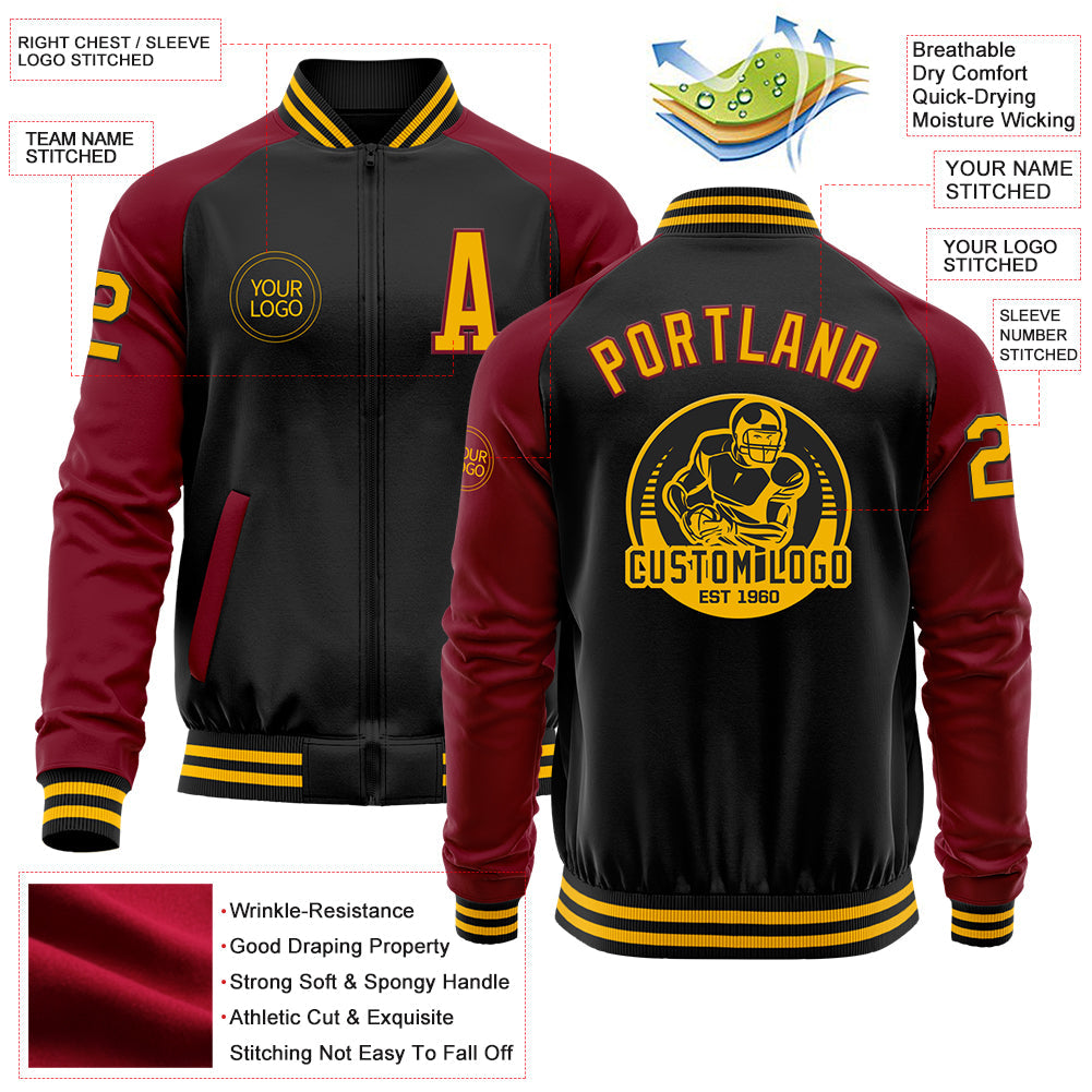 Custom Black Gold-Crimson Bomber Varsity Letterman Two Tone Zipper Jacket view 4
