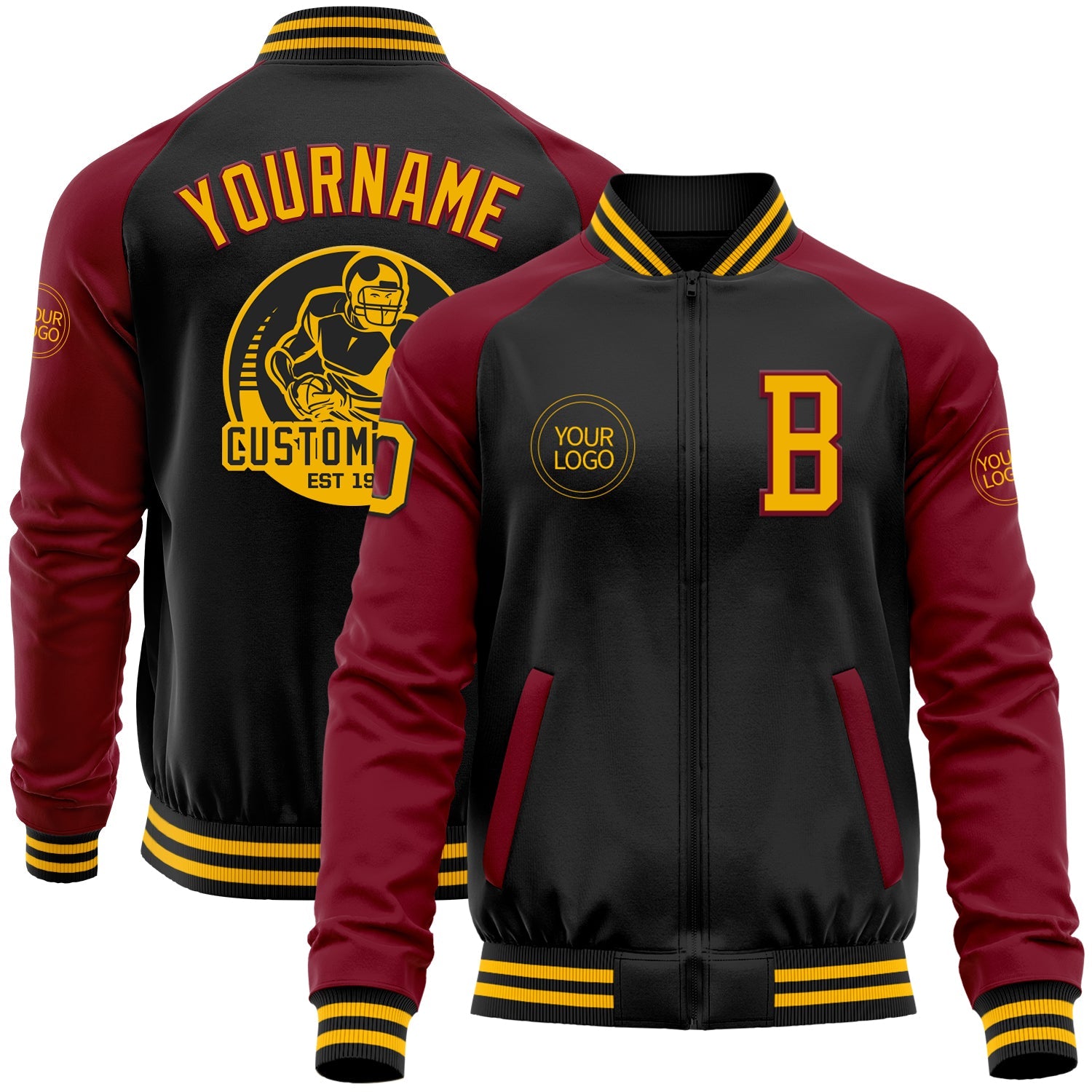 Custom Black Gold-Crimson Bomber Varsity Letterman Two Tone Zipper Jacket - Main View