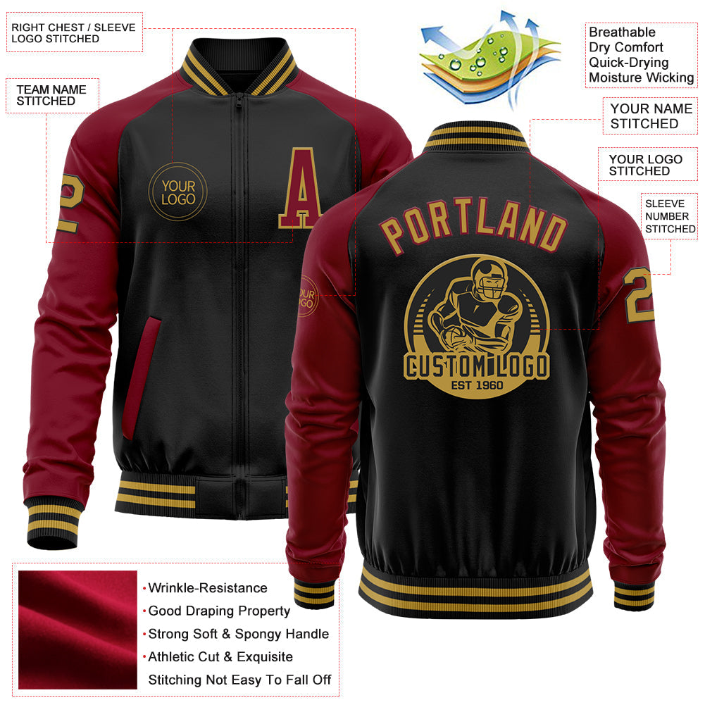 Custom Black Old Gold-Crimson Bomber Varsity Letterman Two Tone Zipper Jacket view 4