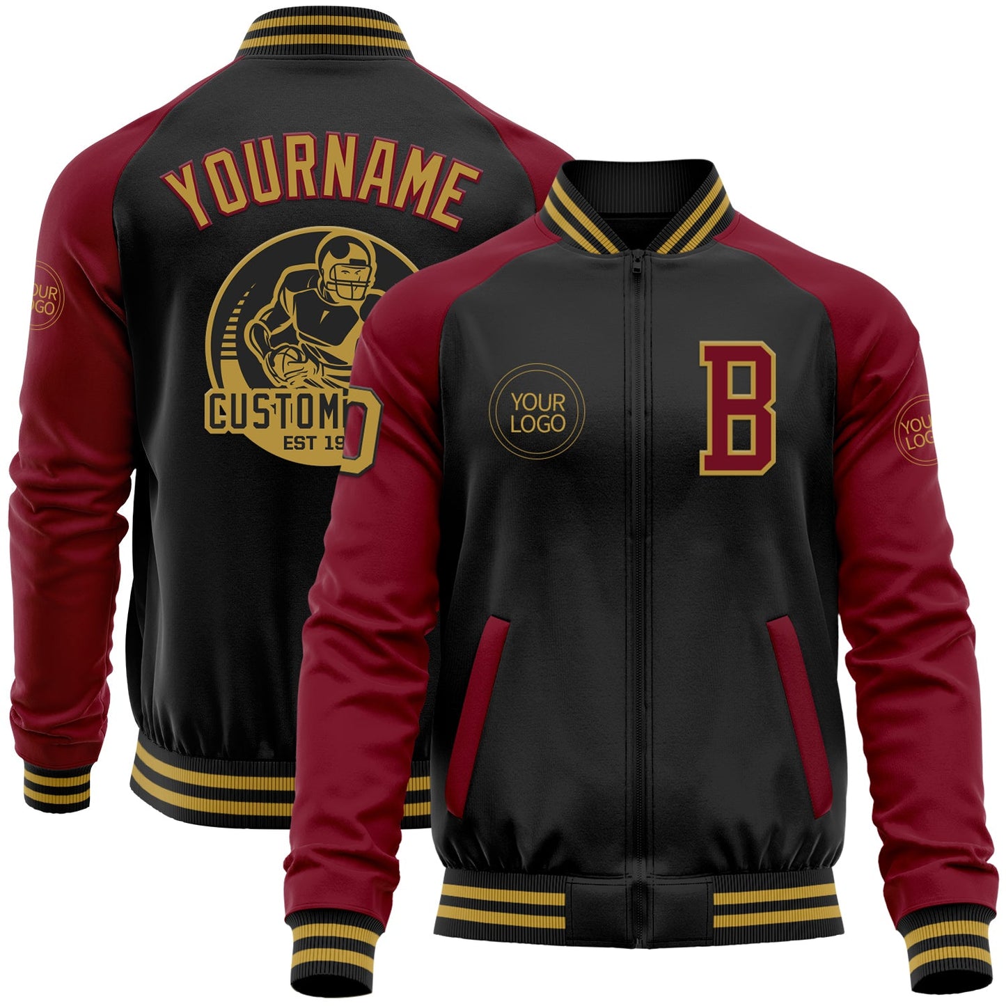 Custom Black Old Gold-Crimson Bomber Varsity Letterman Two Tone Zipper Jacket - Main View
