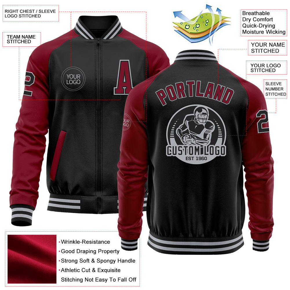 Custom Black Crimson-Gray Bomber Varsity Letterman Two Tone Zipper Jacket view 4