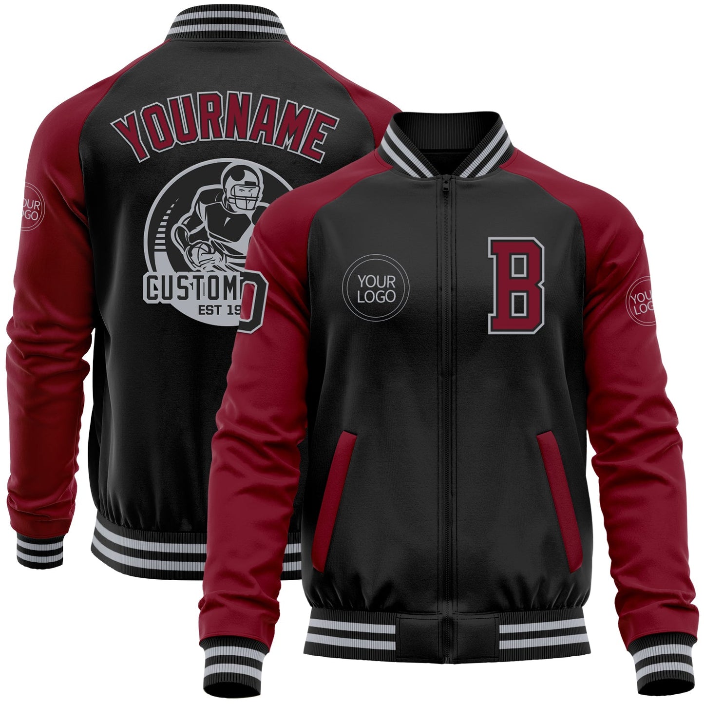 Custom Black Crimson-Gray Bomber Varsity Letterman Two Tone Zipper Jacket - Main View